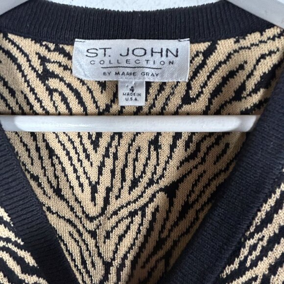 St. John Collection Marie Gray Zebra Print Cardigan Sweater Size 4 Black/Beige - Picture 4 of 8